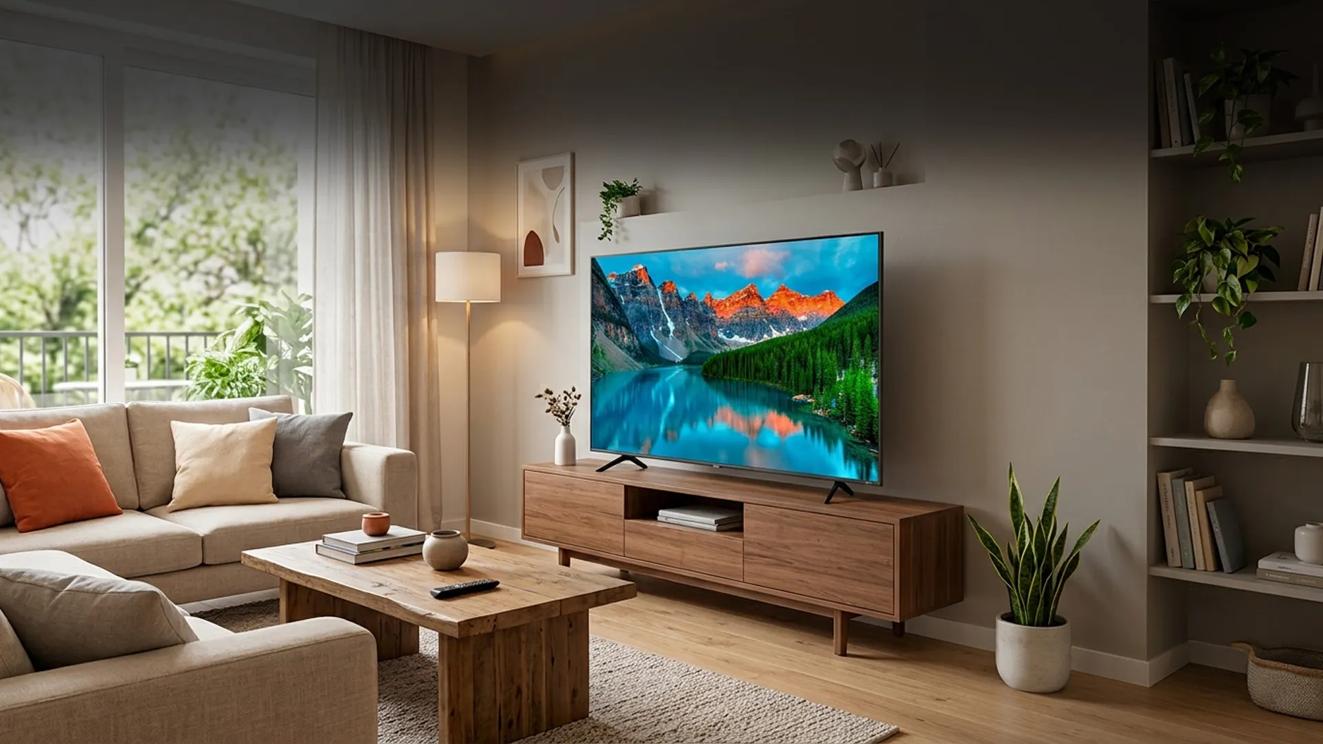 Living room with a smart TV on a wooden stand